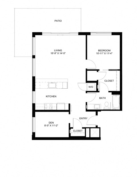 Floor plan for 1 bed, 1 bath, 913 sqft